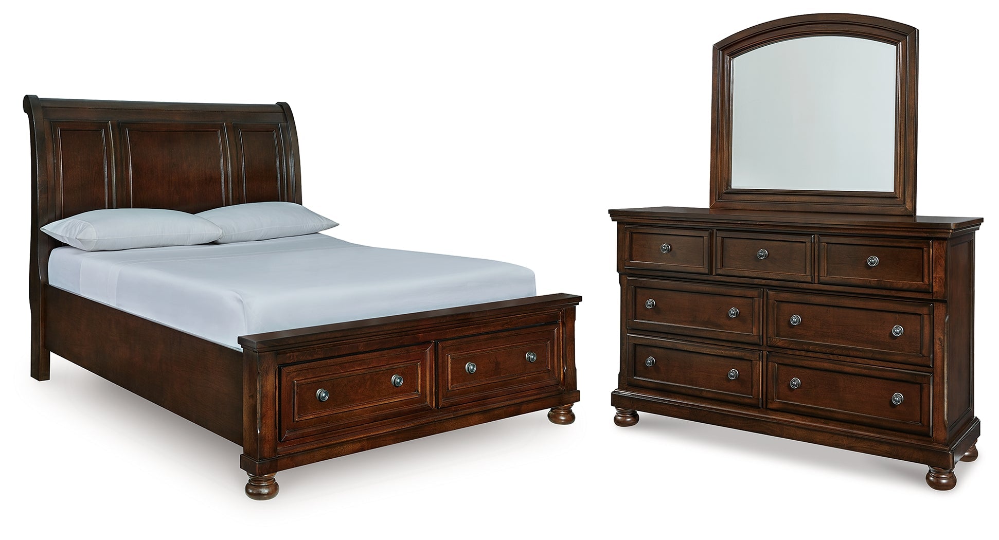 Porter Rustic Brown Queen Sleigh Storage Bed, Dresser and Mirror