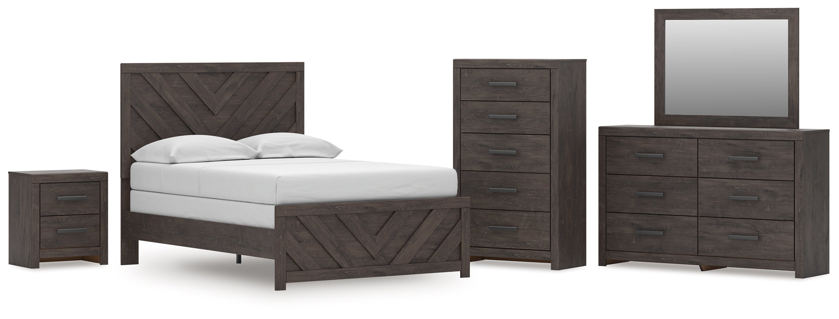 Prendonea Full Panel Bed, Dresser, Mirror, Chest and Nightstand, Charcoal