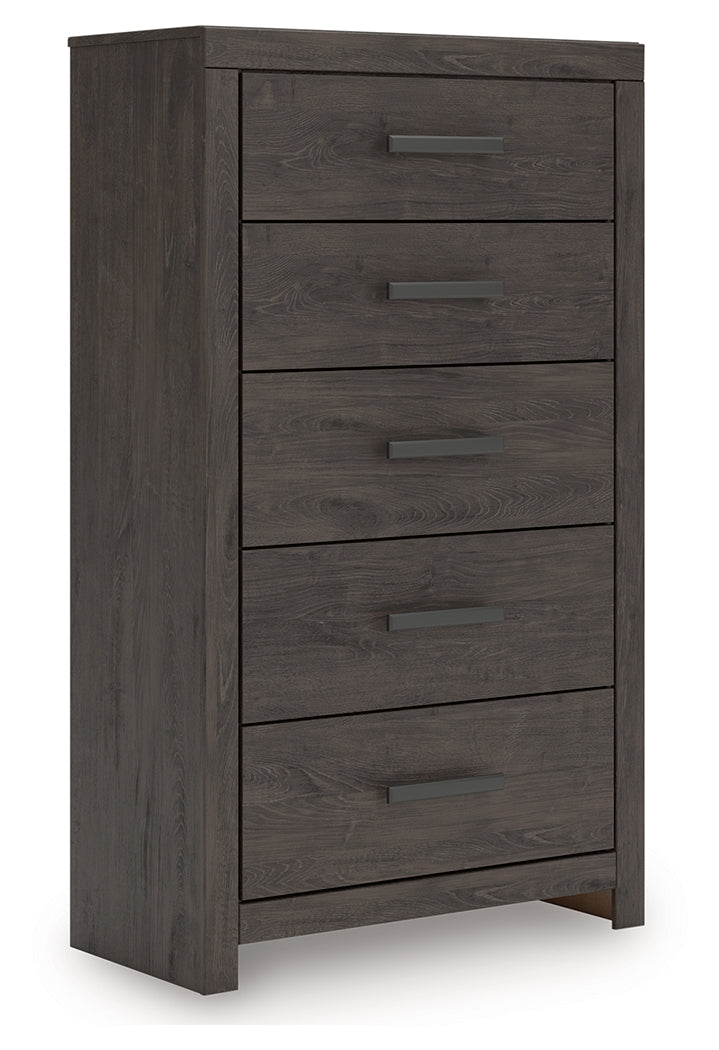 Prendonea Full Panel Bed, Dresser, Mirror, Chest and Nightstand, Charcoal