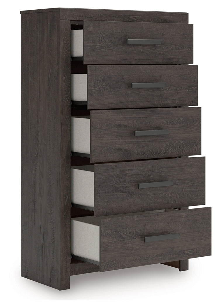 Prendonea Full Panel Bed, Dresser, Mirror, Chest and Nightstand, Charcoal