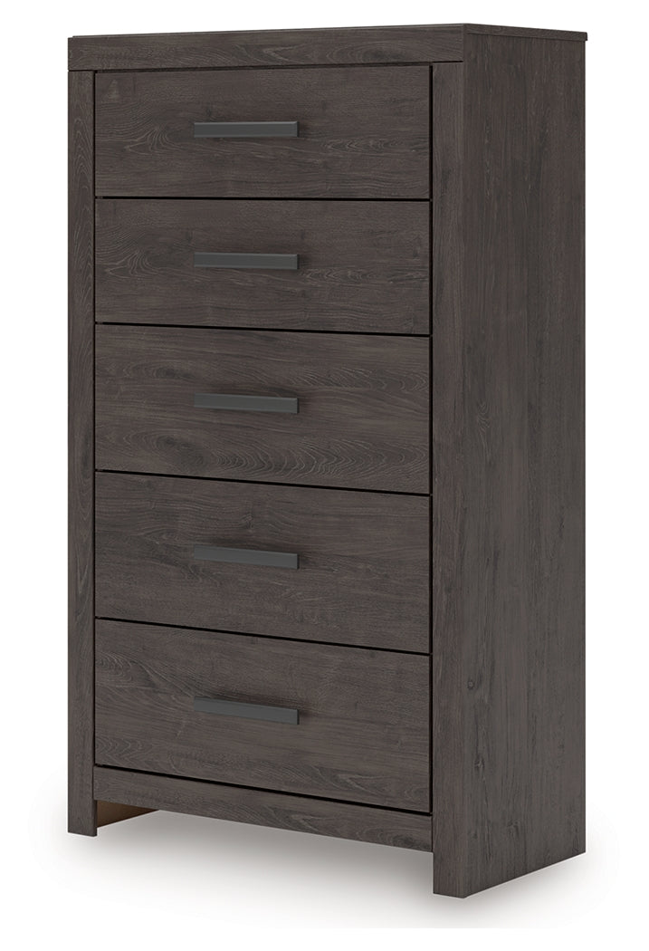 Prendonea Full Panel Bed, Dresser, Mirror, Chest and Nightstand, Charcoal