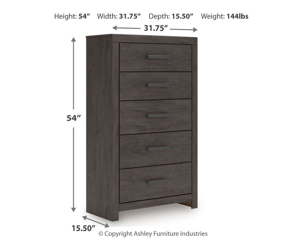Prendonea Full Panel Bed, Dresser, Mirror, Chest and Nightstand, Charcoal