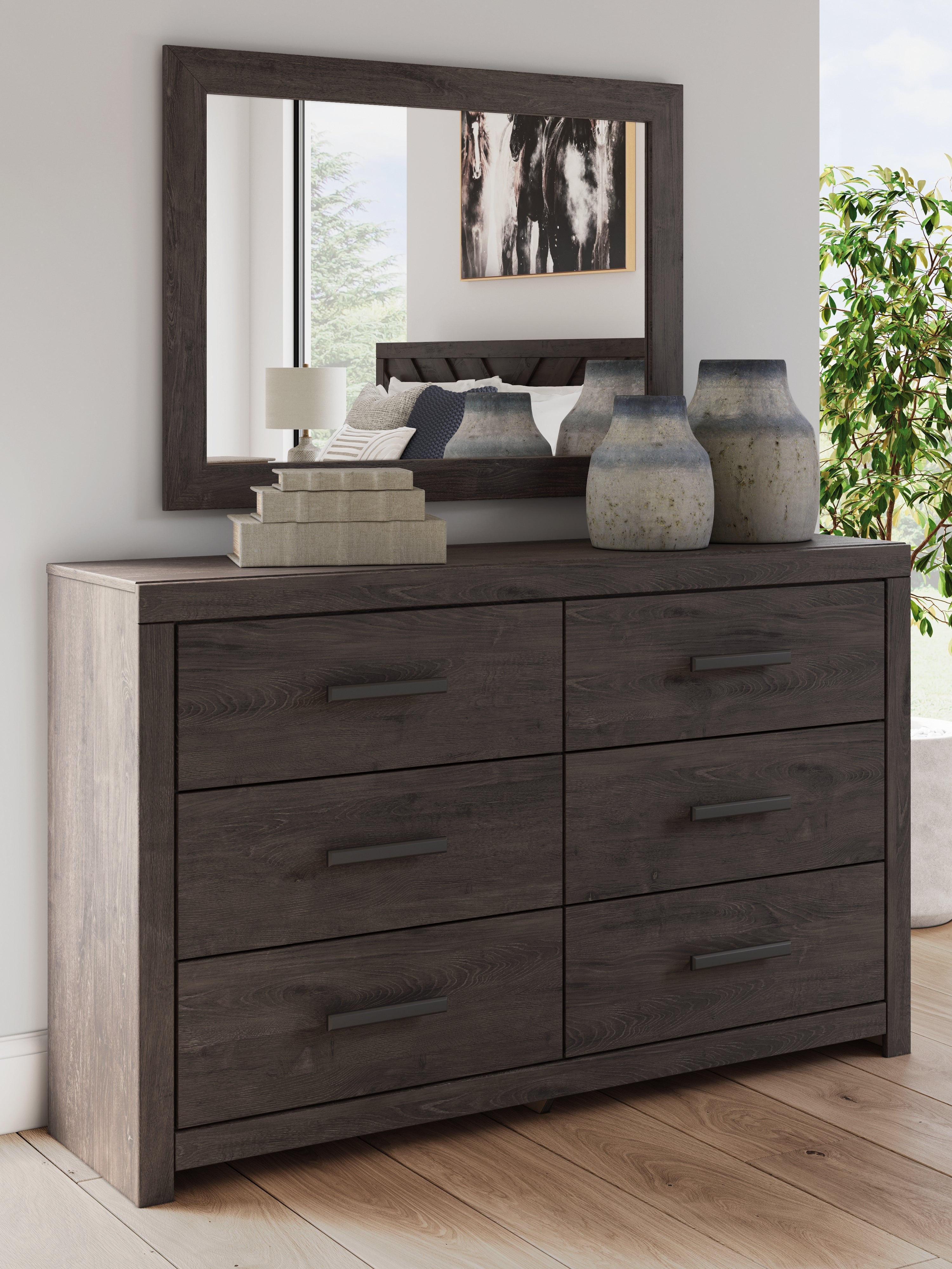 Prendonea Full Panel Bed, Dresser, Mirror, Chest and Nightstand, Charcoal