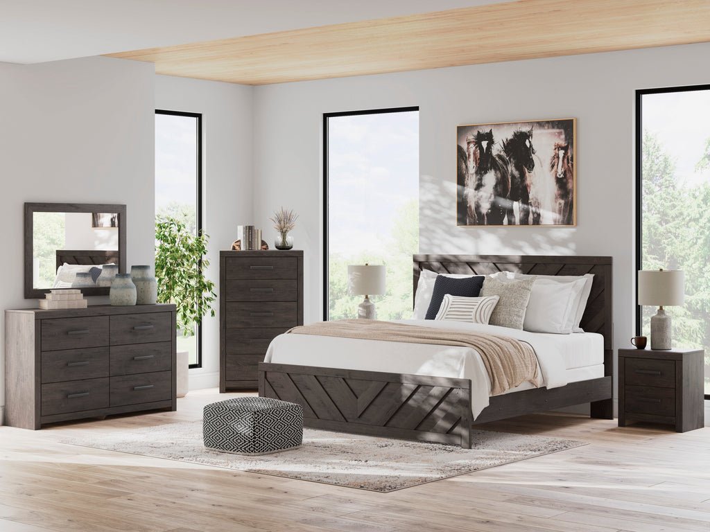 Prendonea King Panel Bed, Dresser, Mirror, Chest and Nightstand, Charcoal