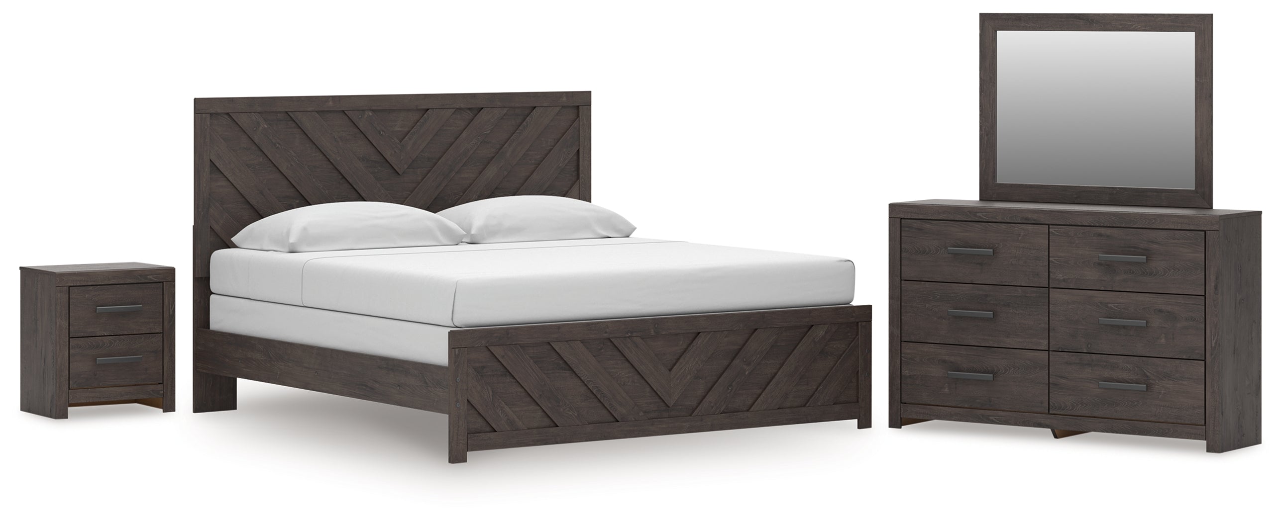 Prendonea King Panel Bed, Dresser, Mirror and Nightstand, Charcoal