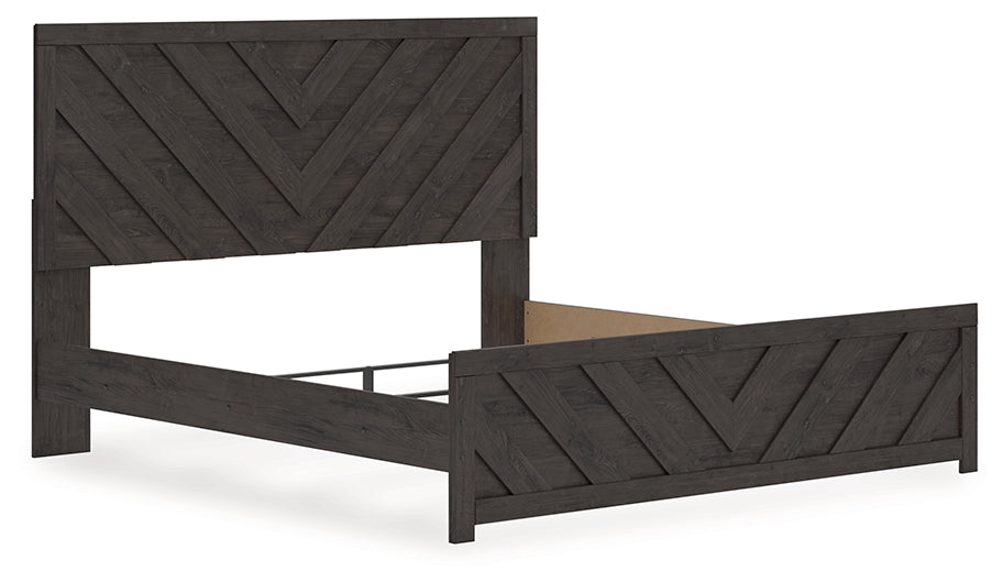 Prendonea King Panel Bed, Dresser, Mirror and Nightstand, Charcoal