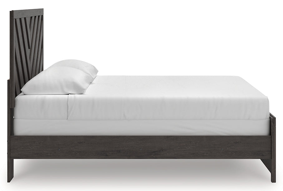 Prendonea King Panel Bed, Dresser, Mirror and Nightstand, Charcoal