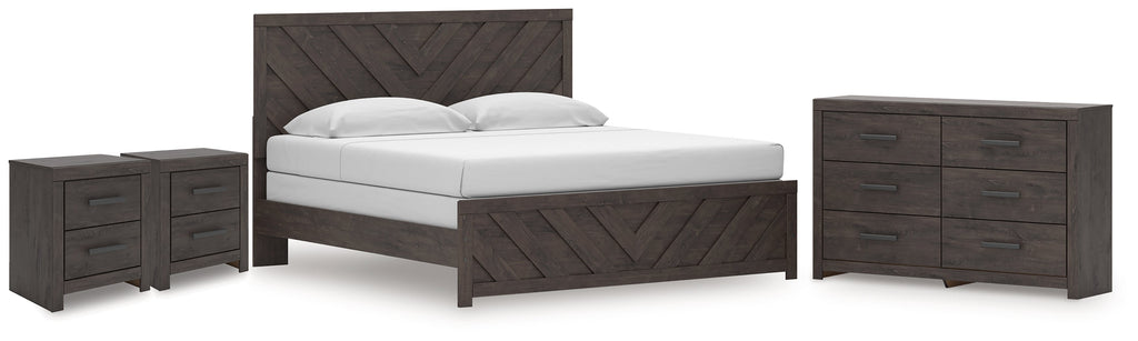 Prendonea Charcoal King Panel Bed, Dresser and 2 Nightstands