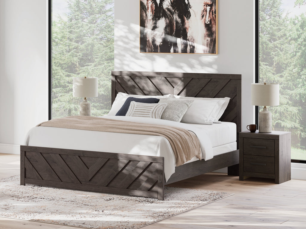 Prendonea Charcoal King Panel Bed, Dresser and 2 Nightstands