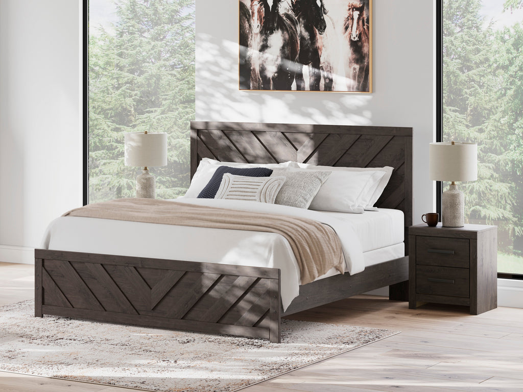 Prendonea King Panel Bed, Dresser, Mirror, Chest and Nightstand, Charcoal
