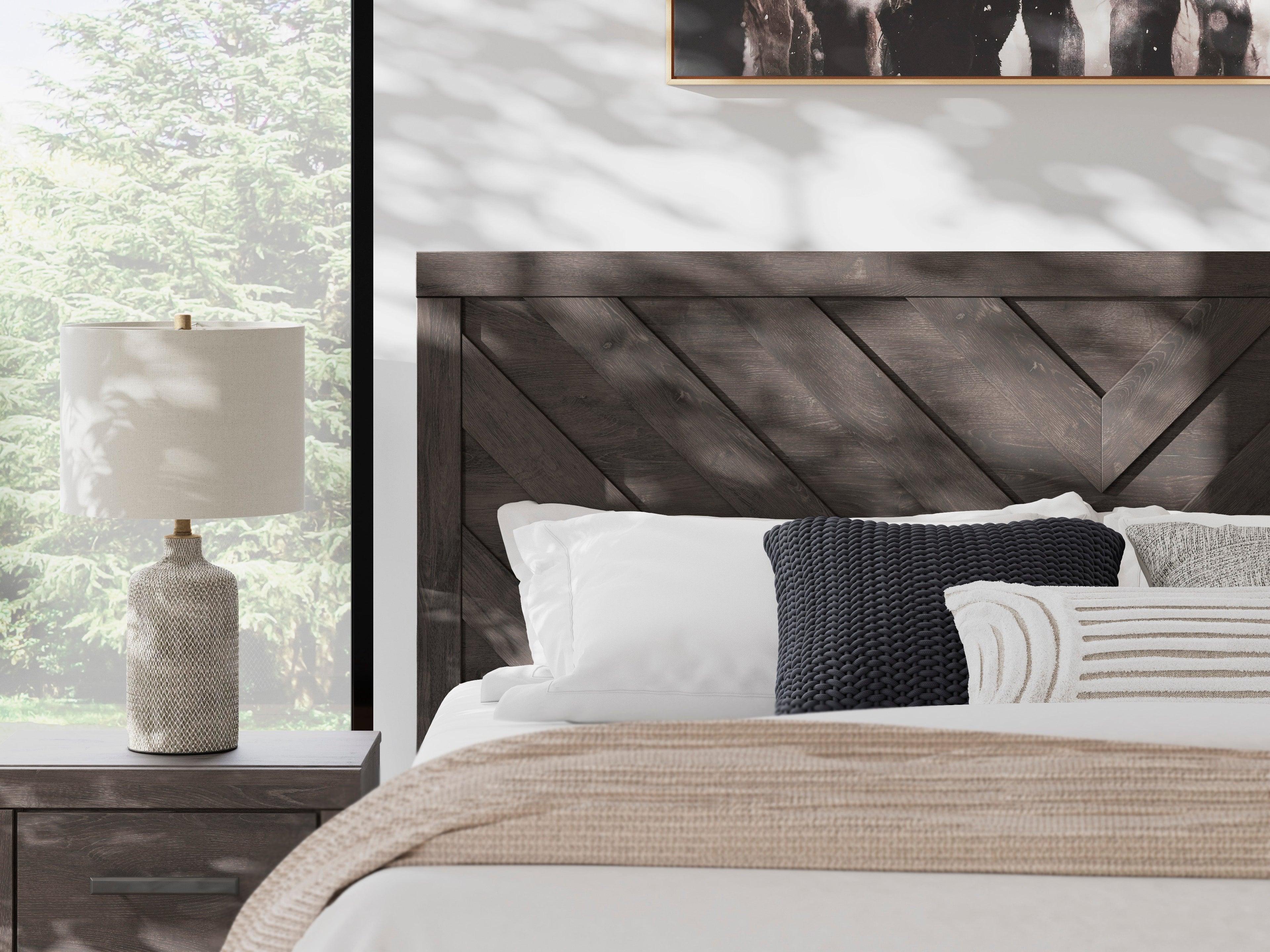 Prendonea Charcoal King Panel Bed, Dresser and Mirror