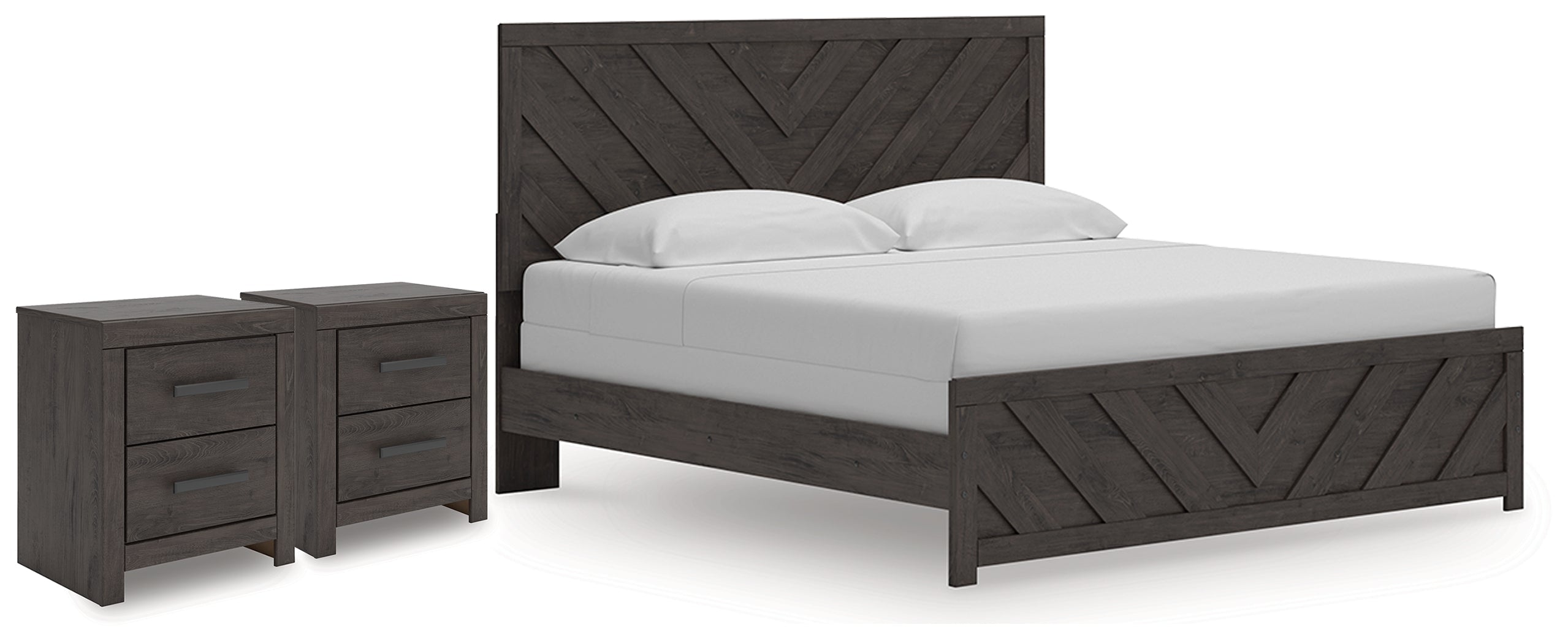 Prendonea Charcoal King Panel Bed and 2 Nightstands