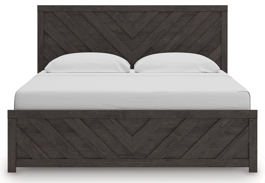 Prendonea Charcoal King Panel Bed and 2 Nightstands