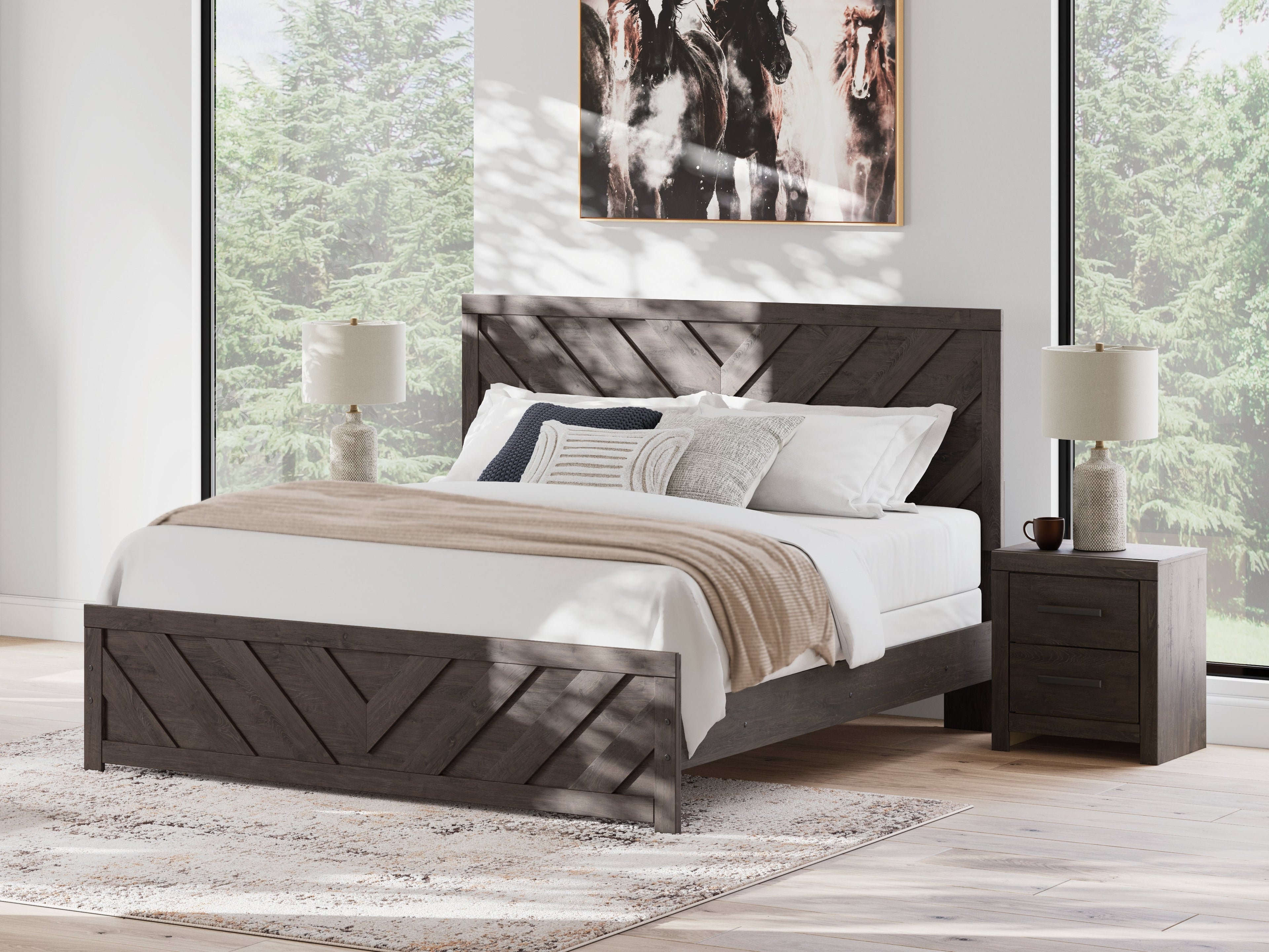 Prendonea Charcoal King Panel Bed and 2 Nightstands