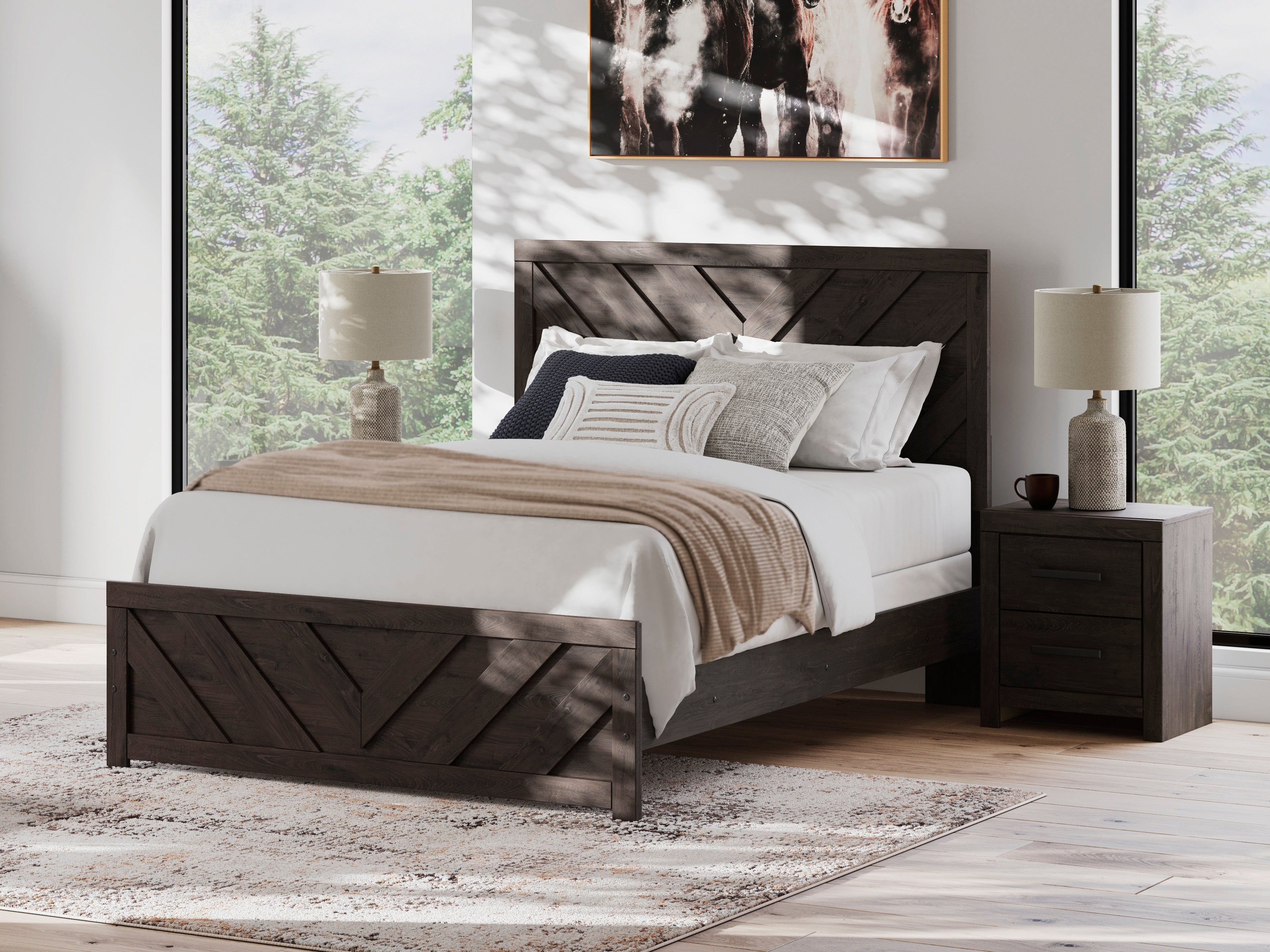 Prendonea Queen Panel Bed, Dresser, Mirror, Chest and 2 Nightstands, Charcoal