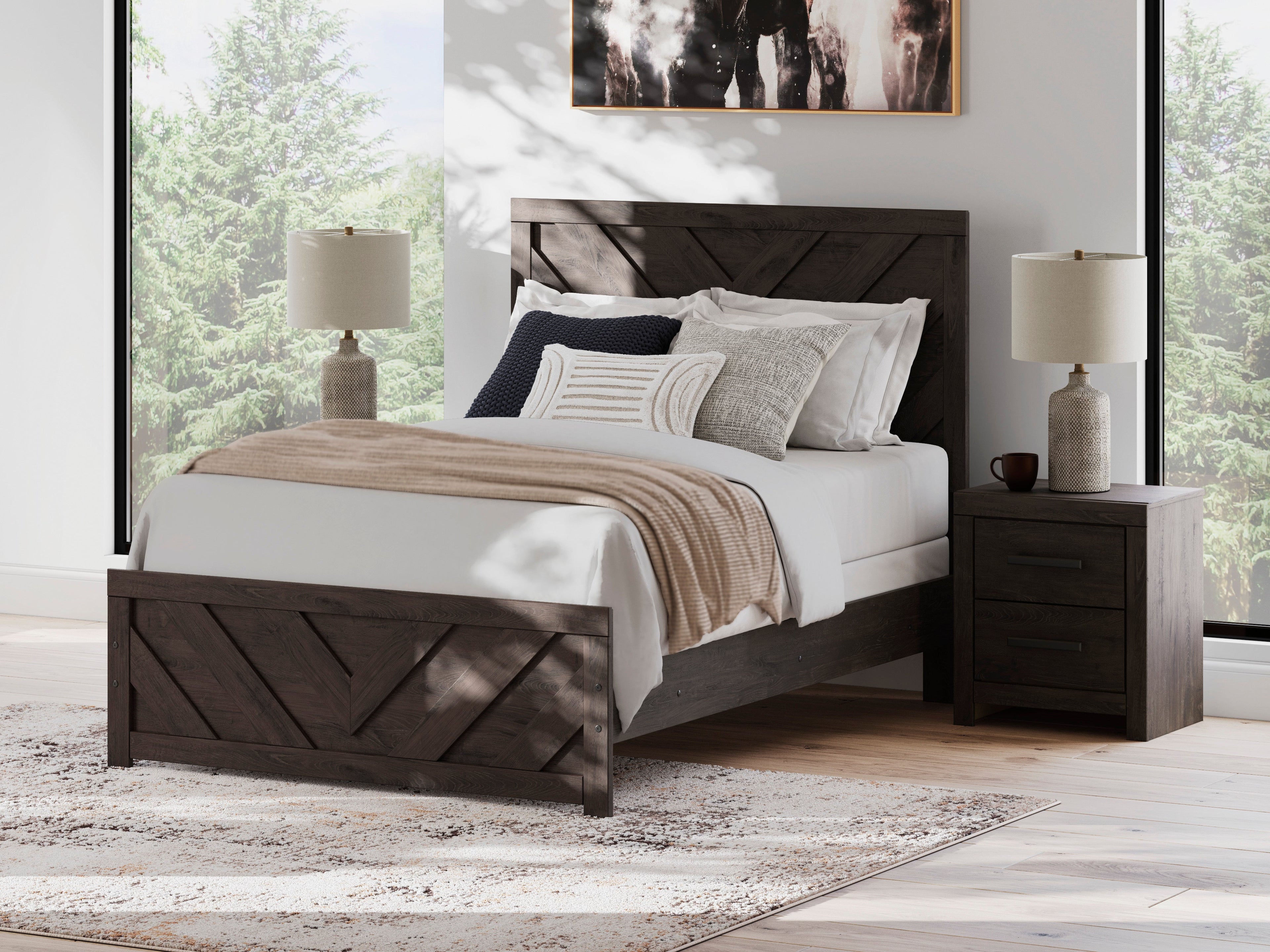 Prendonea Full Panel Bed, Dresser, Mirror and Nightstand, Charcoal