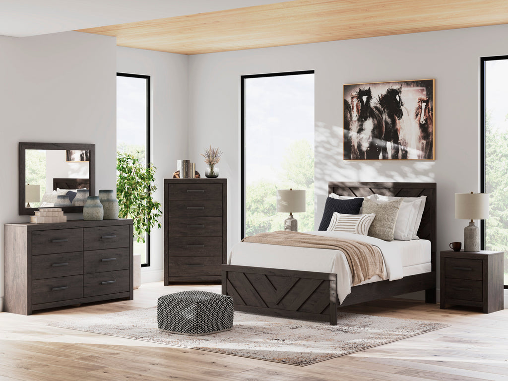 Prendonea Full Panel Bed, Dresser, Mirror, Chest and 2 Nightstands, Charcoal