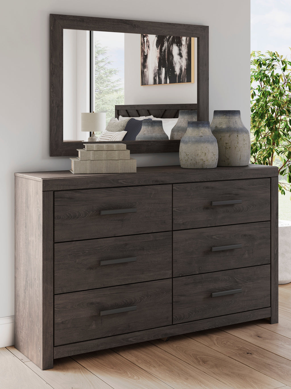 Prendonea Queen Panel Bed, Dresser, Mirror, Chest and 2 Nightstands, Charcoal