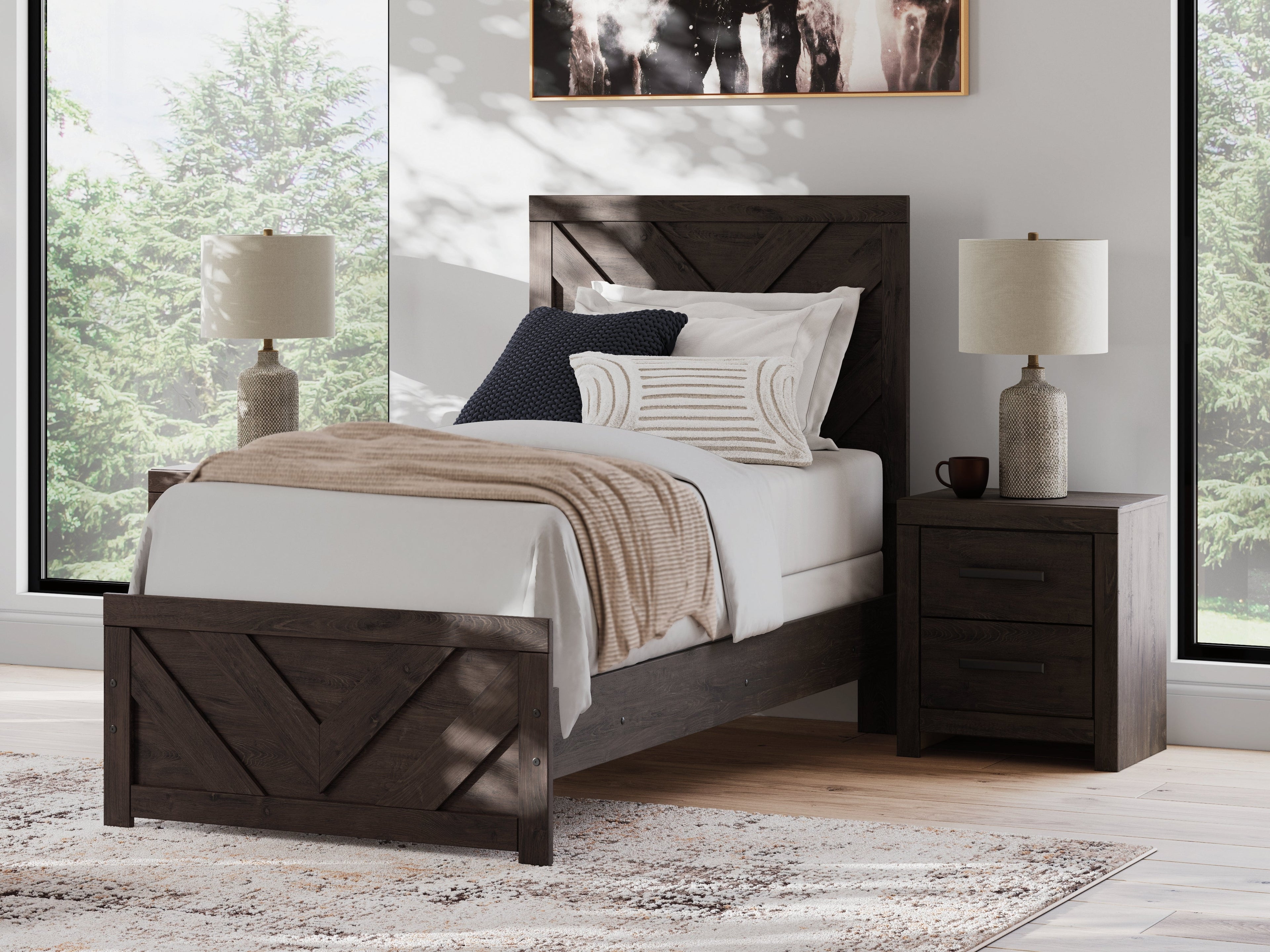 Prendonea Twin Panel Bed, Dresser, Mirror and Nightstand, Charcoal