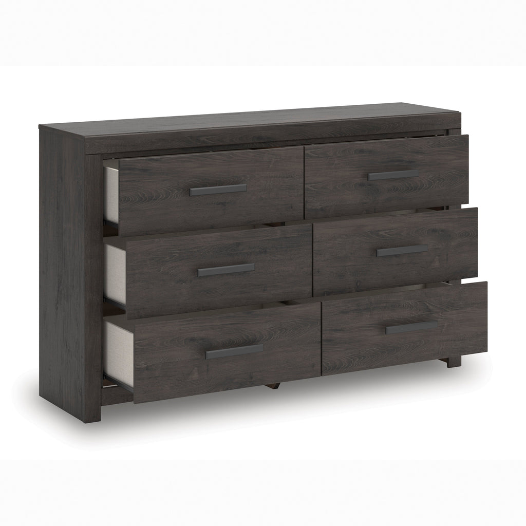 Prendonea King Panel Bed, Dresser, Mirror, Chest and 2 Nightstands, Charcoal
