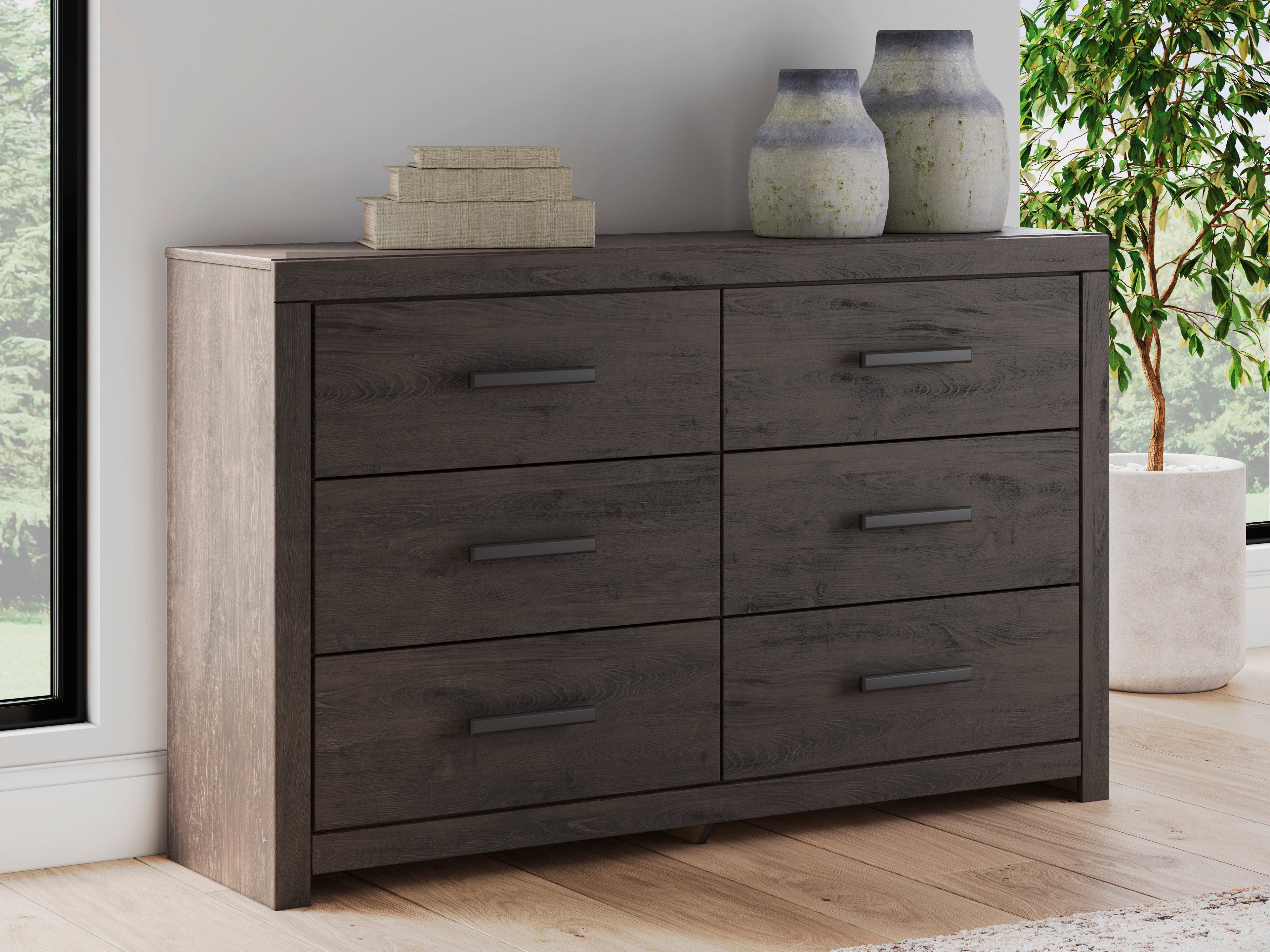 Prendonea Queen Panel Bed, Dresser, Mirror, Chest and Nightstand, Charcoal