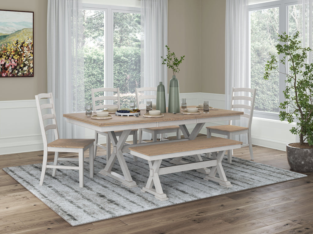 Purlaney /Natural Extension Dining Table, 4 Chairs and Bench, Antique White