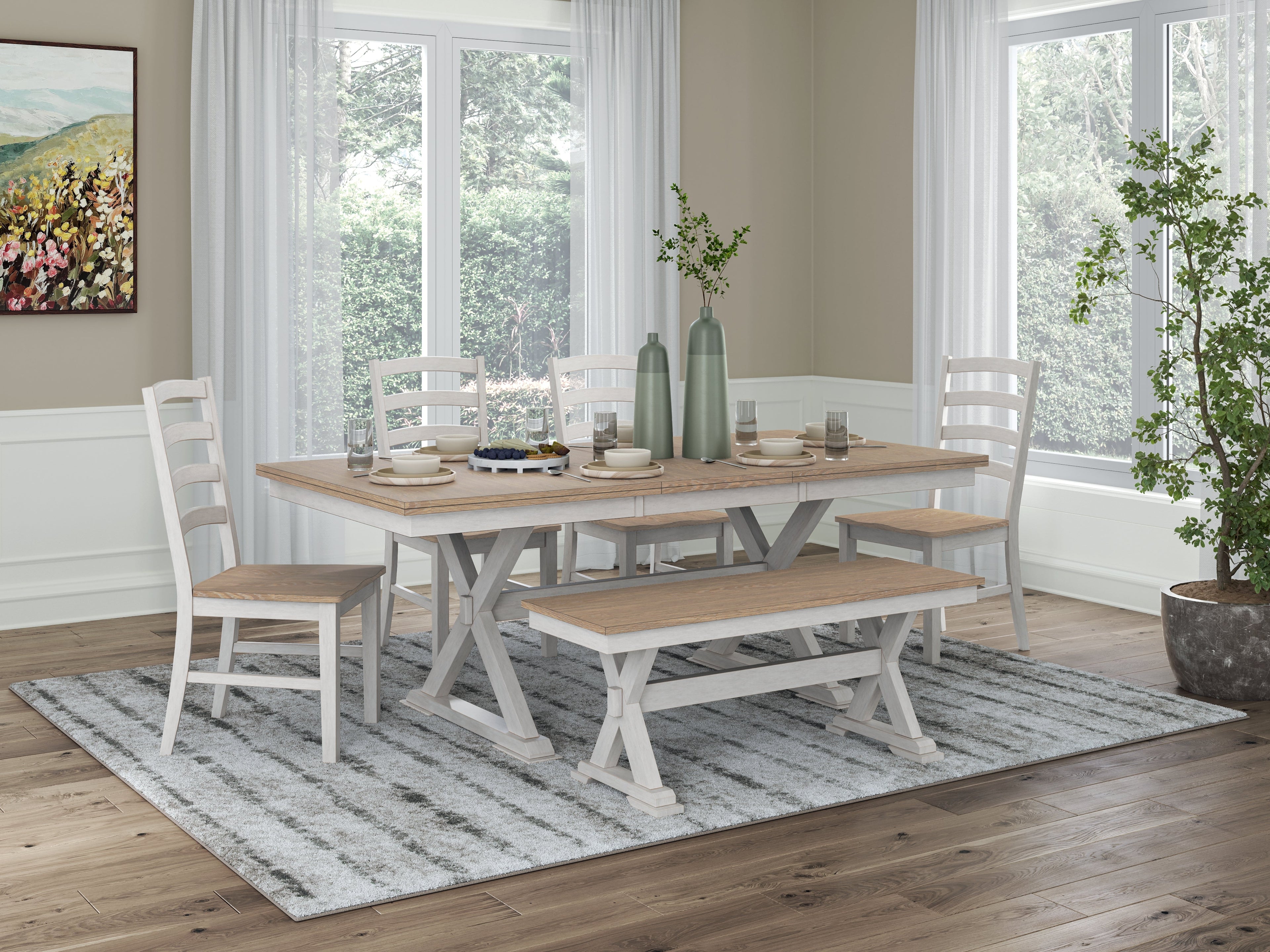 Purlaney /Natural Extension Dining Table, 4 Chairs and Bench, Antique White