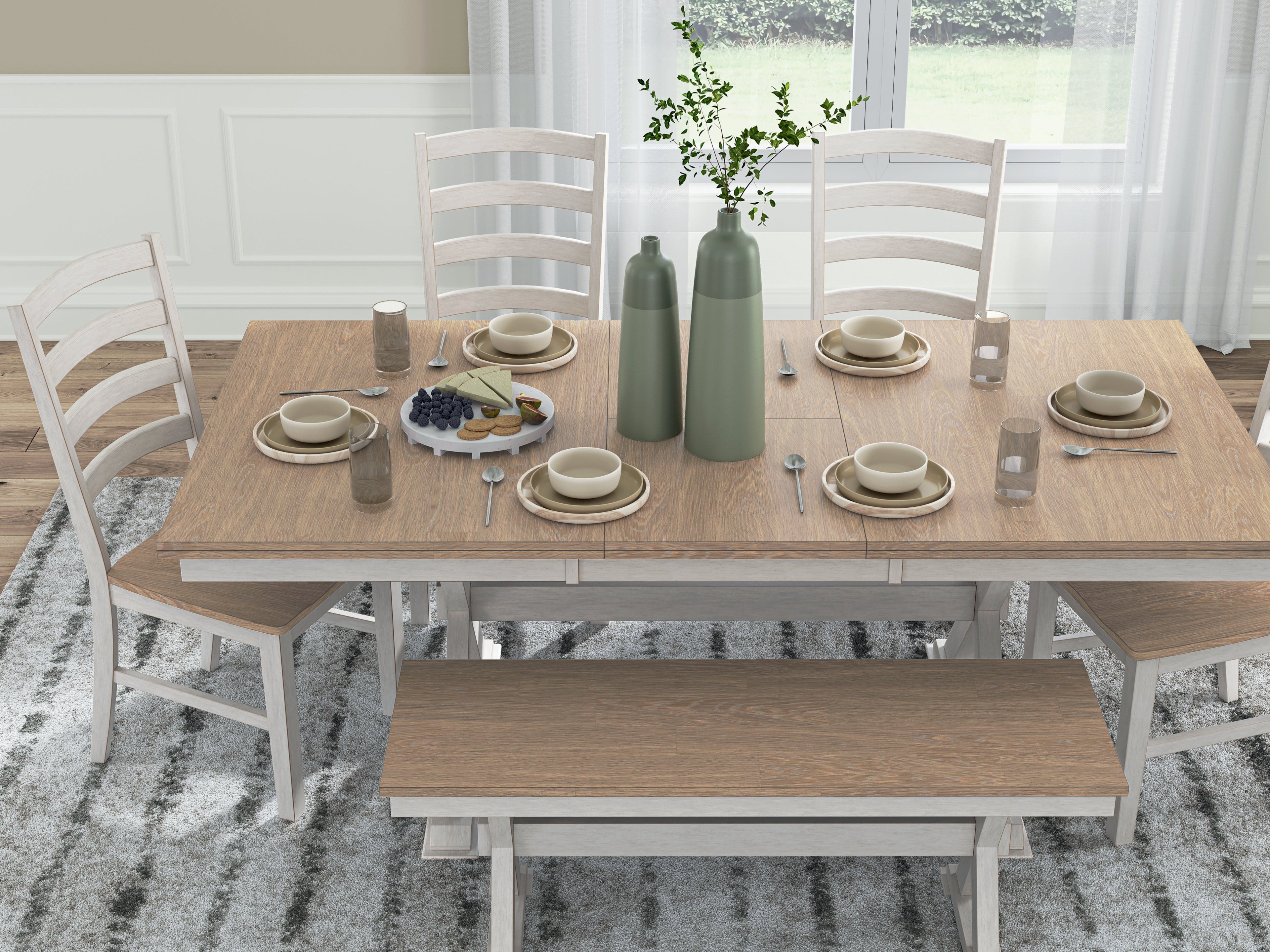 Purlaney /Natural Extension Dining Table, 4 Chairs and Bench, Antique White