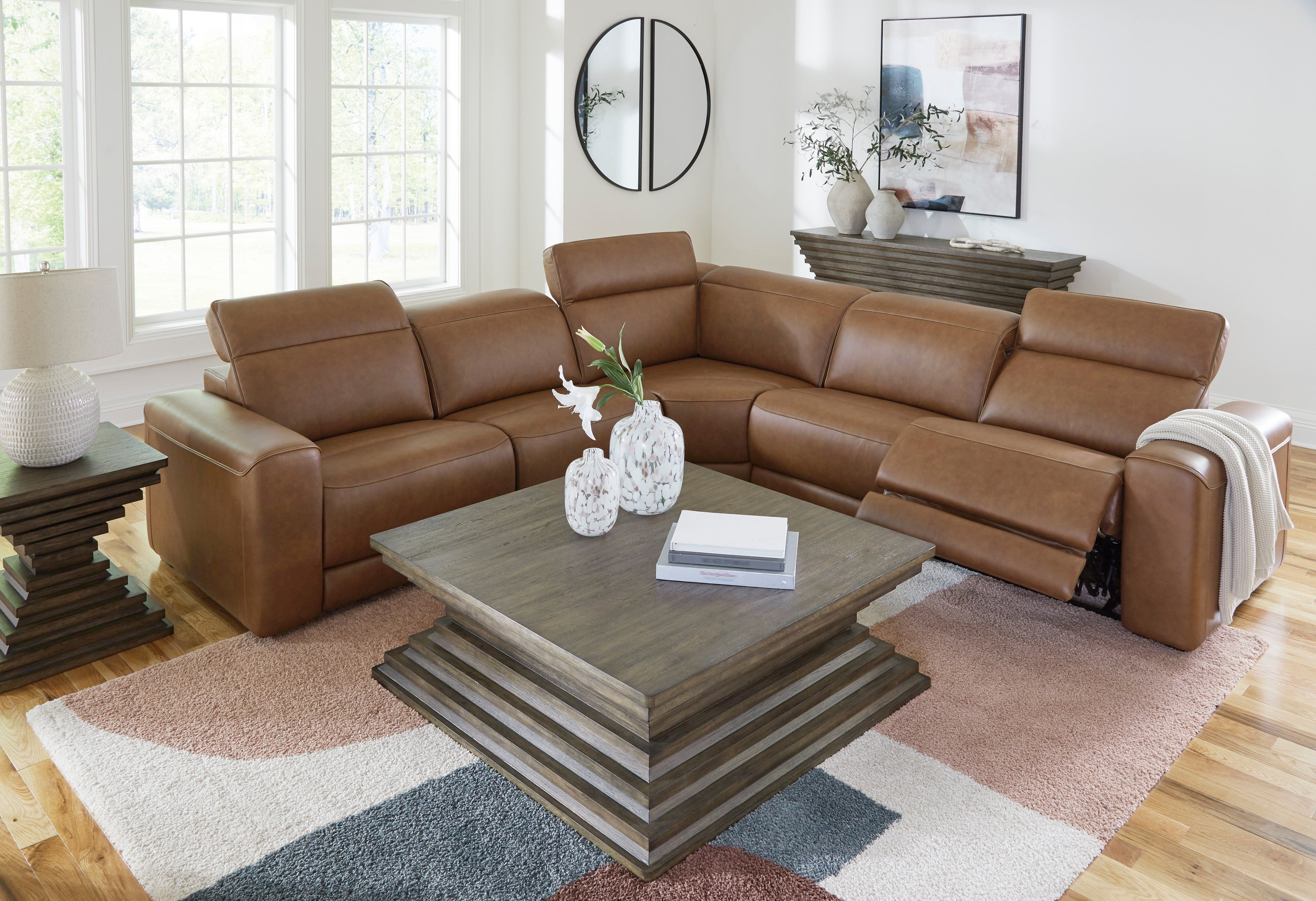 Rally-Up Caramel 5 Pc Dual Power Leather Reclining Modular Sectional