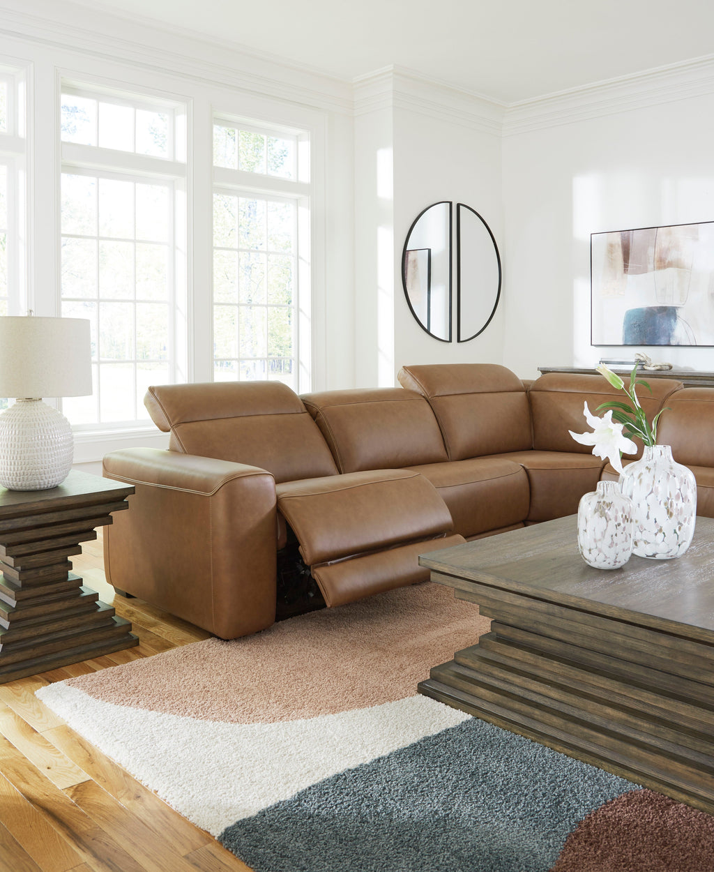 Rally-Up Caramel 5 Pc Dual Power Leather Reclining Modular Sectional