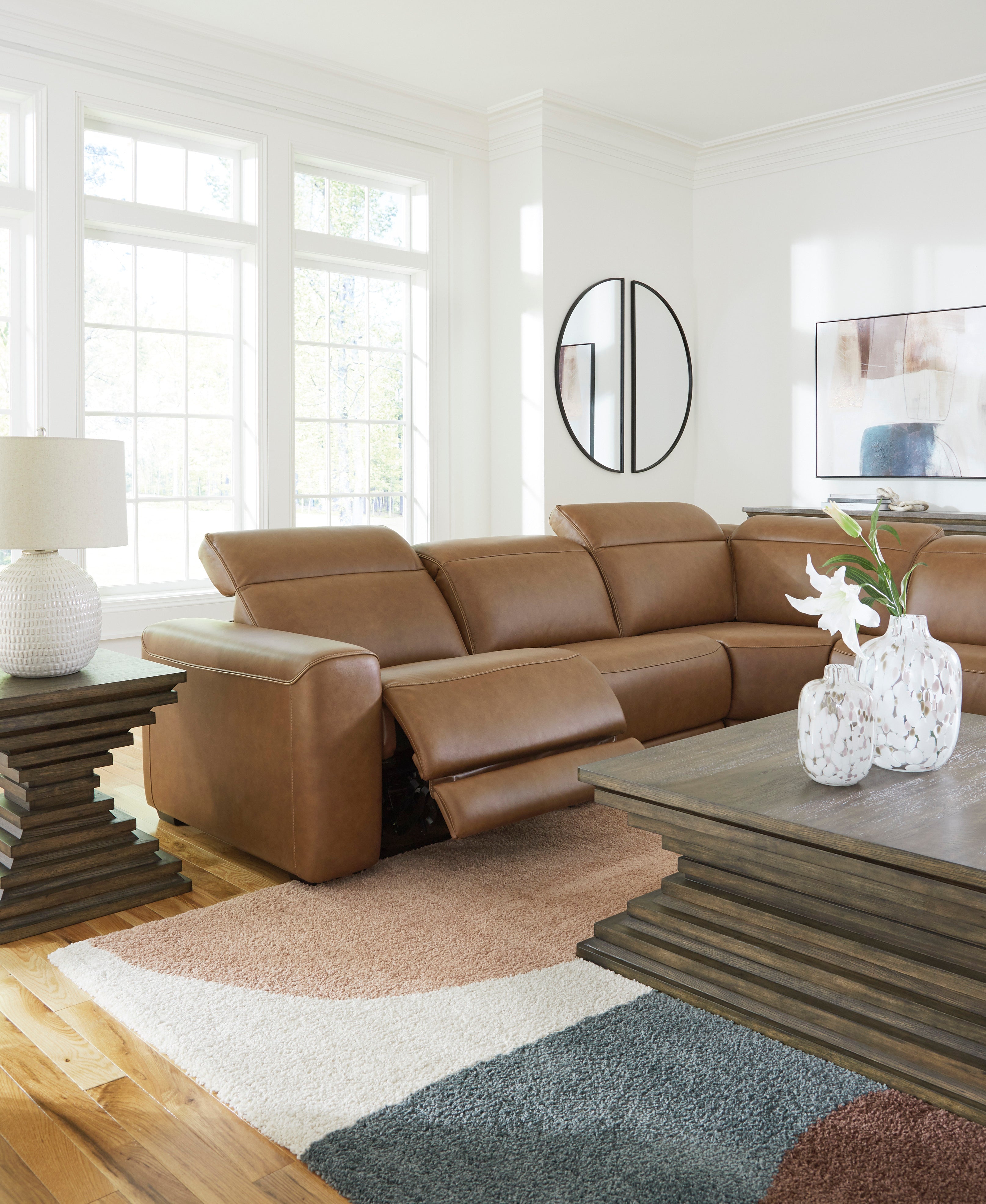 Rally-Up Caramel 5 Pc Dual Power Leather Reclining Modular Sectional