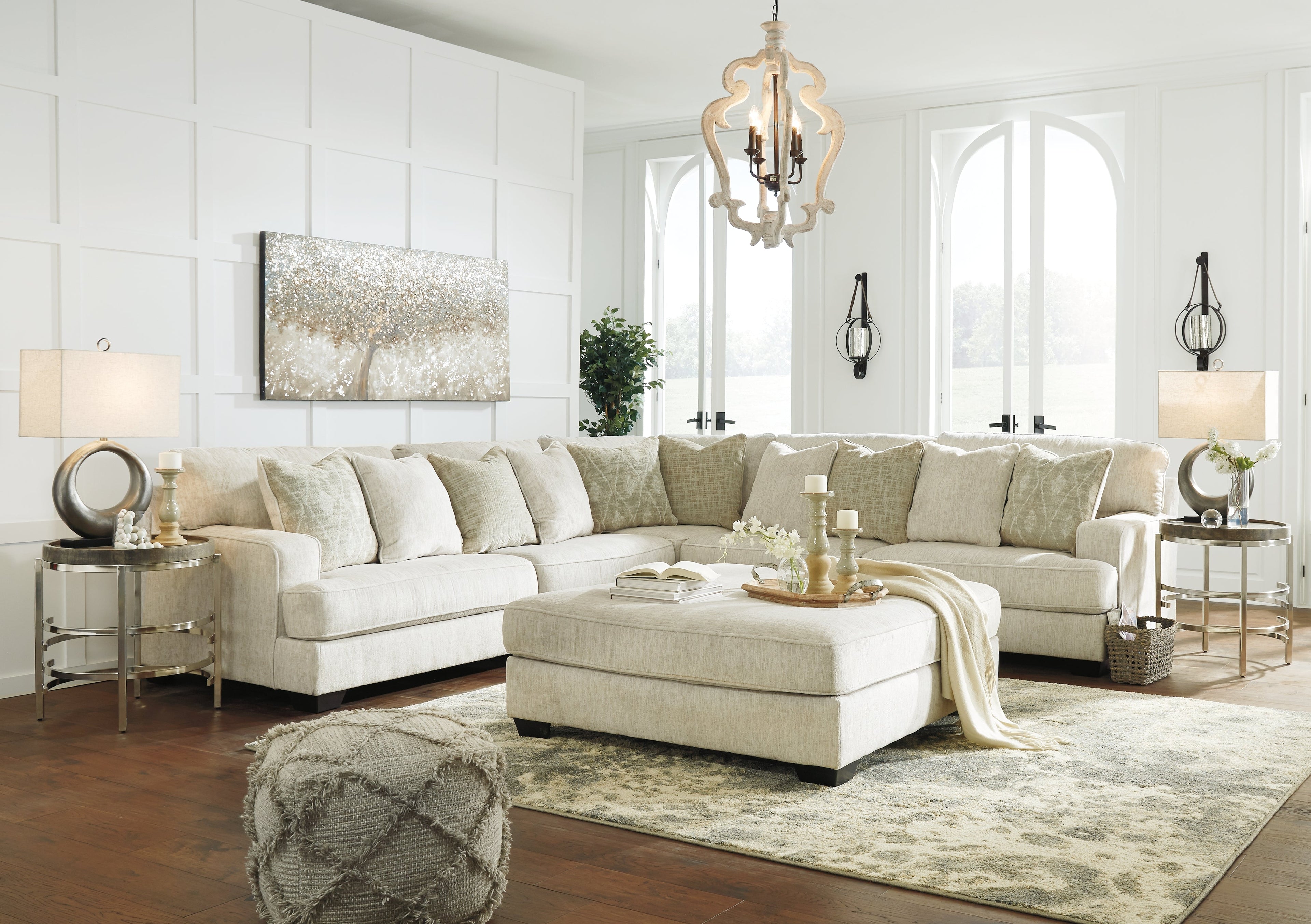 Rawcliffe Parchment 3-Piece Sectional with Ottoman