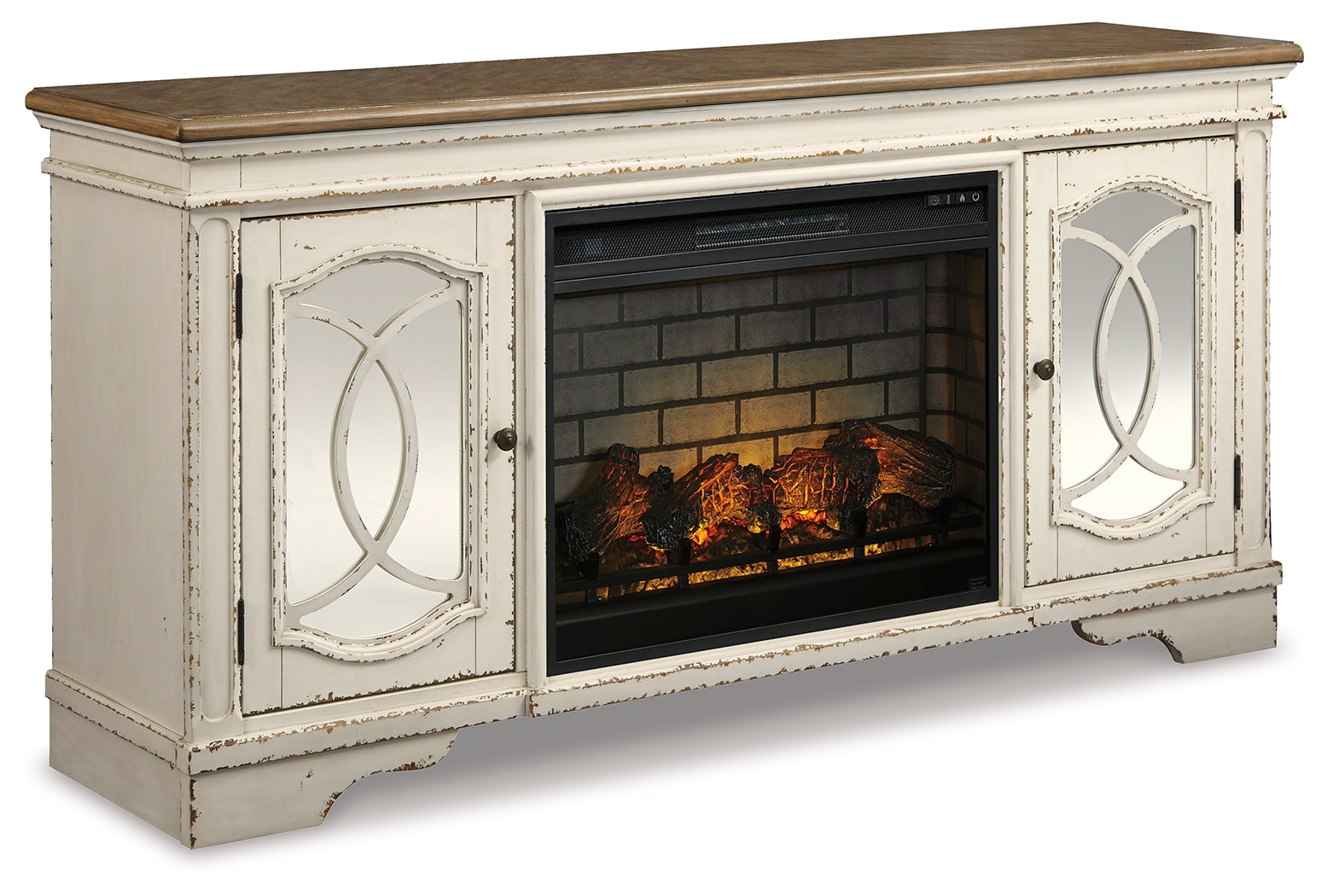 Realyn Chipped White 74" TV Stand with Electric Fireplace