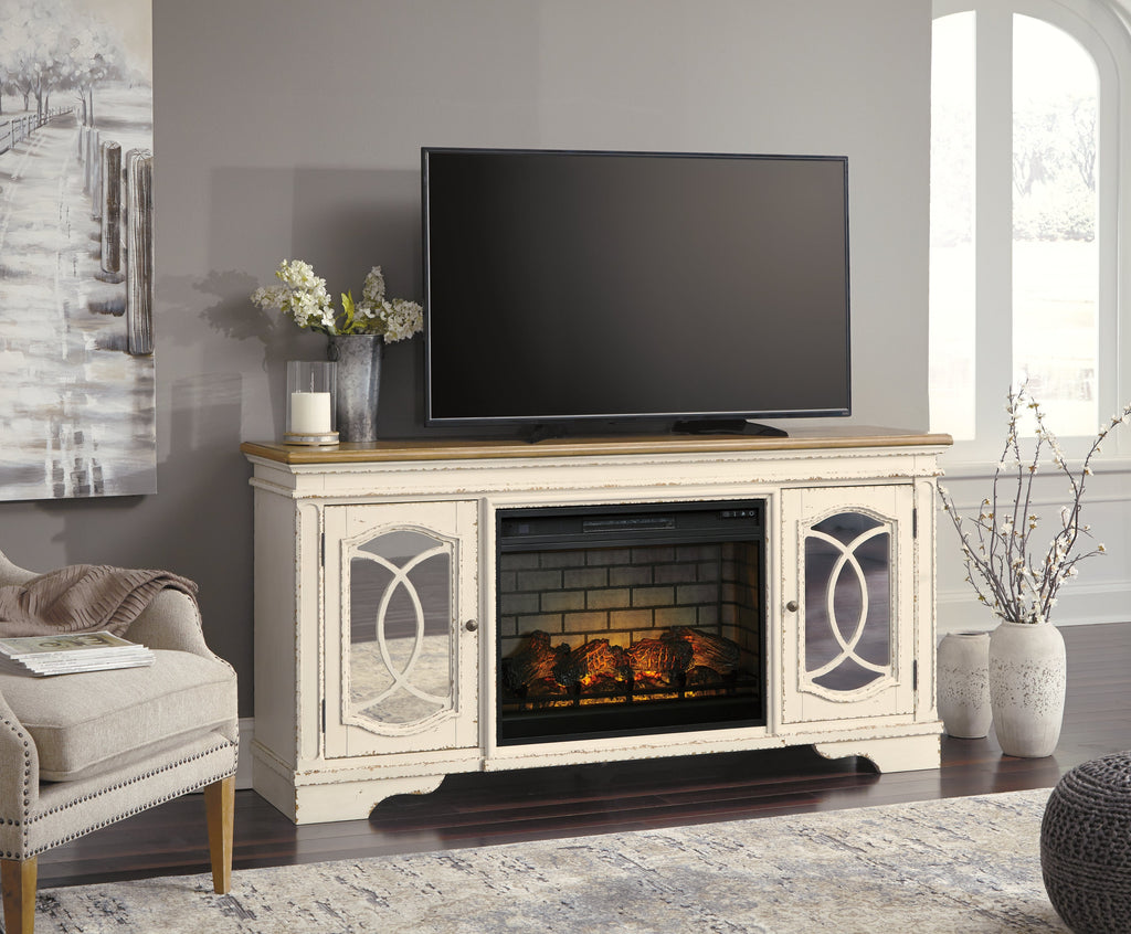 Realyn Chipped White 74" TV Stand with Electric Fireplace