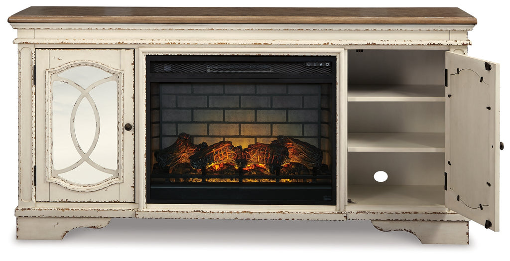 Realyn Chipped White 74" TV Stand with Electric Fireplace