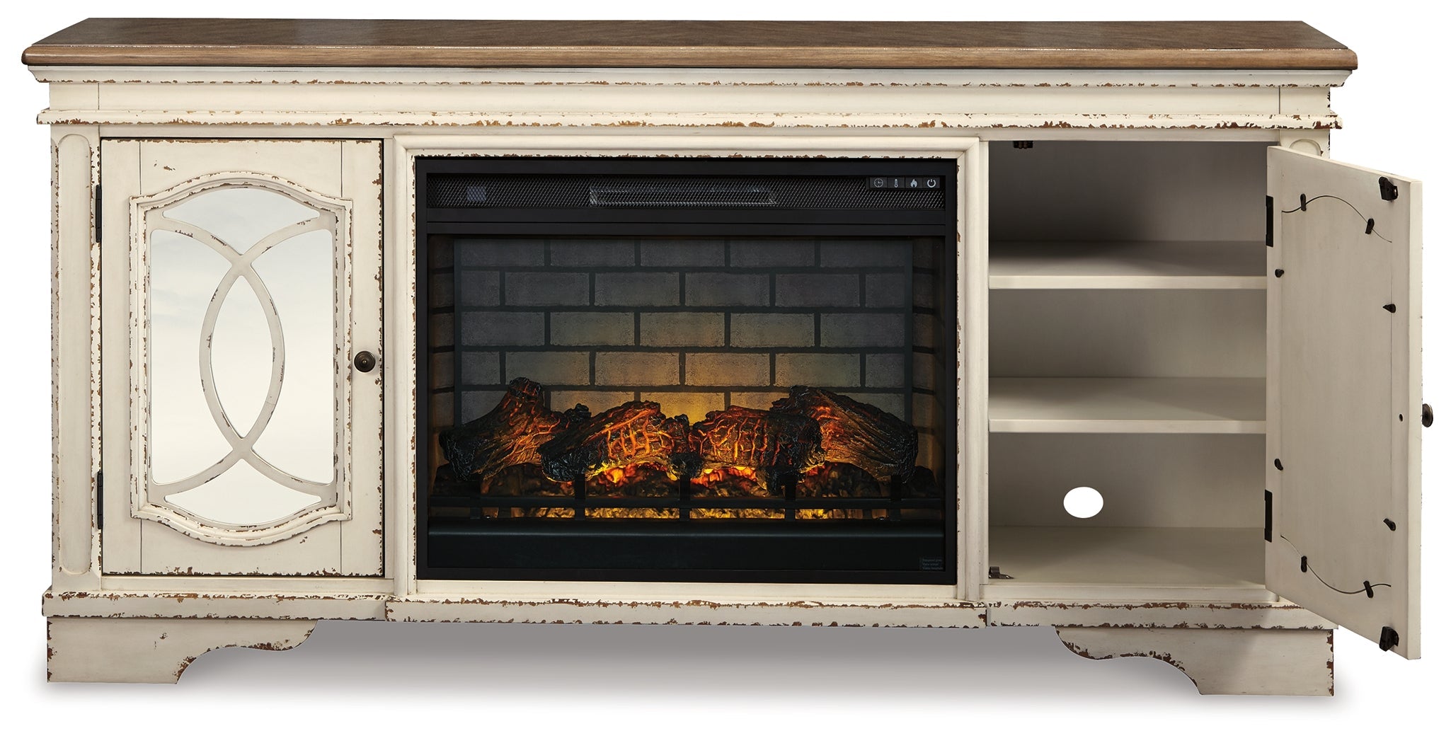 Realyn Chipped White 74" TV Stand with Electric Fireplace