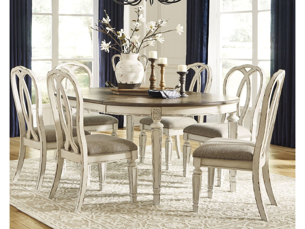 Realyn Chipped White Dining Table and 6 Chairs with Server