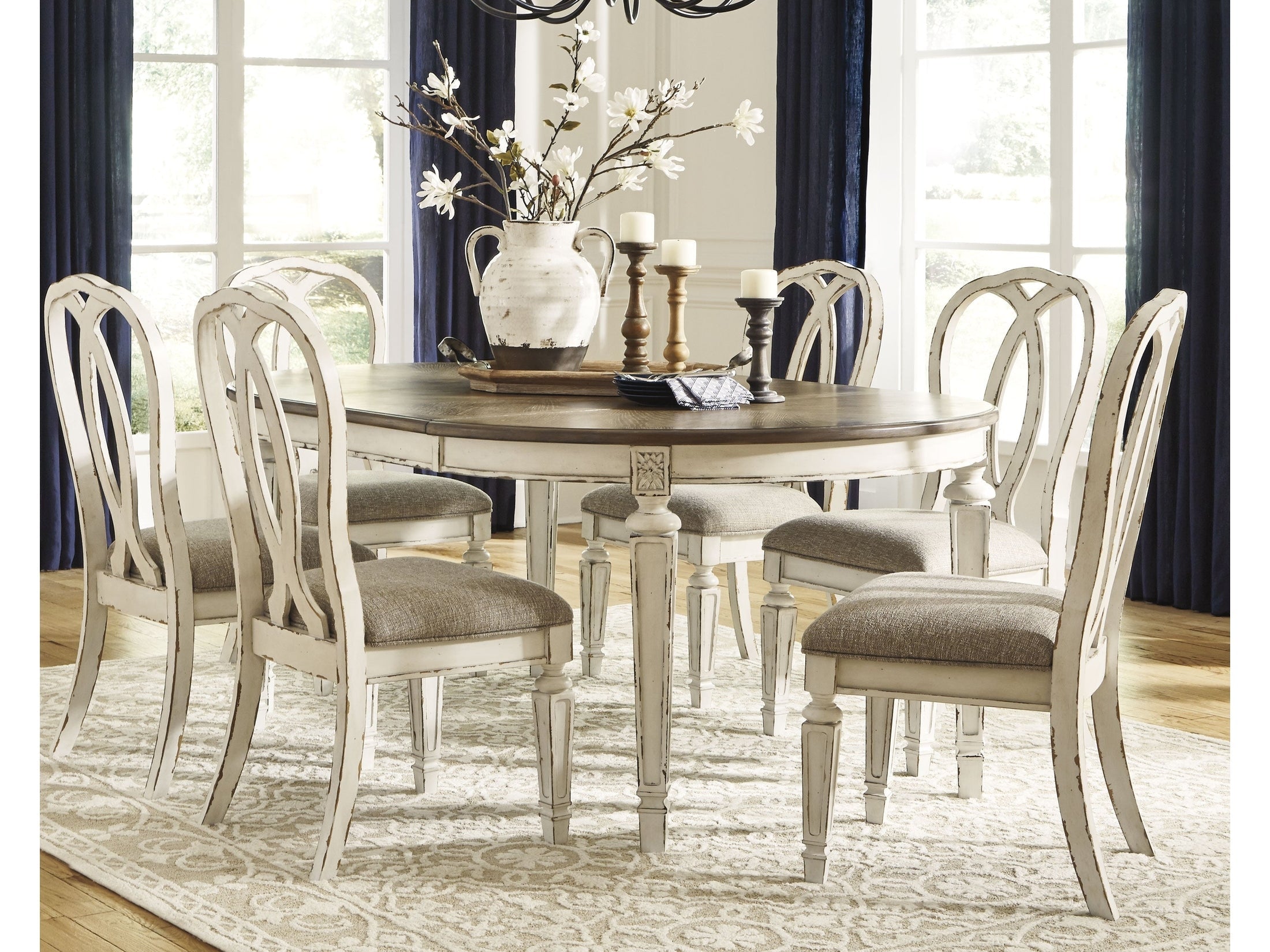 Realyn Chipped White Dining Table and 6 Chairs with Server