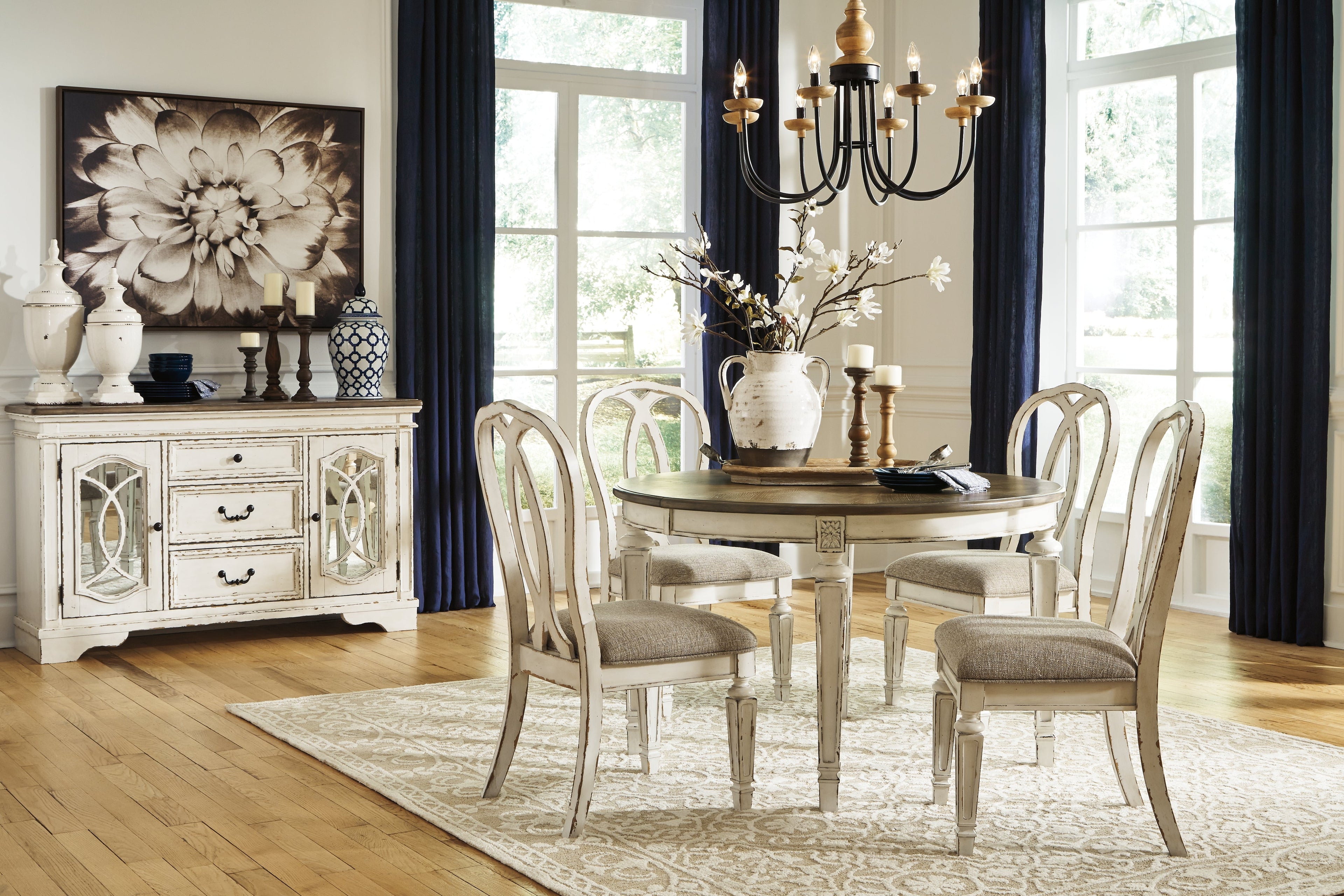 Realyn Chipped White Dining Table with 4 Chairs