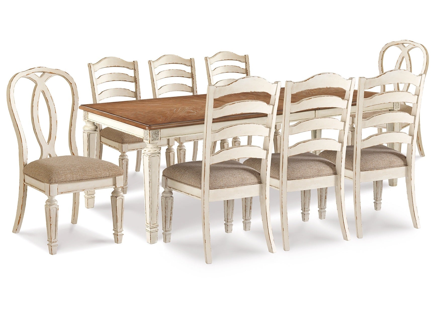 Realyn Chipped White Dining Table with 8 Chairs