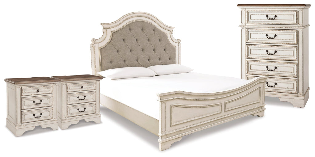 Realyn Chipped King Upholstered Panel Bed, Chest and 2 Nightstands, White