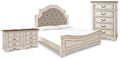 Realyn Chipped King Upholstered Panel Bed, Chest and 2 Nightstands, White