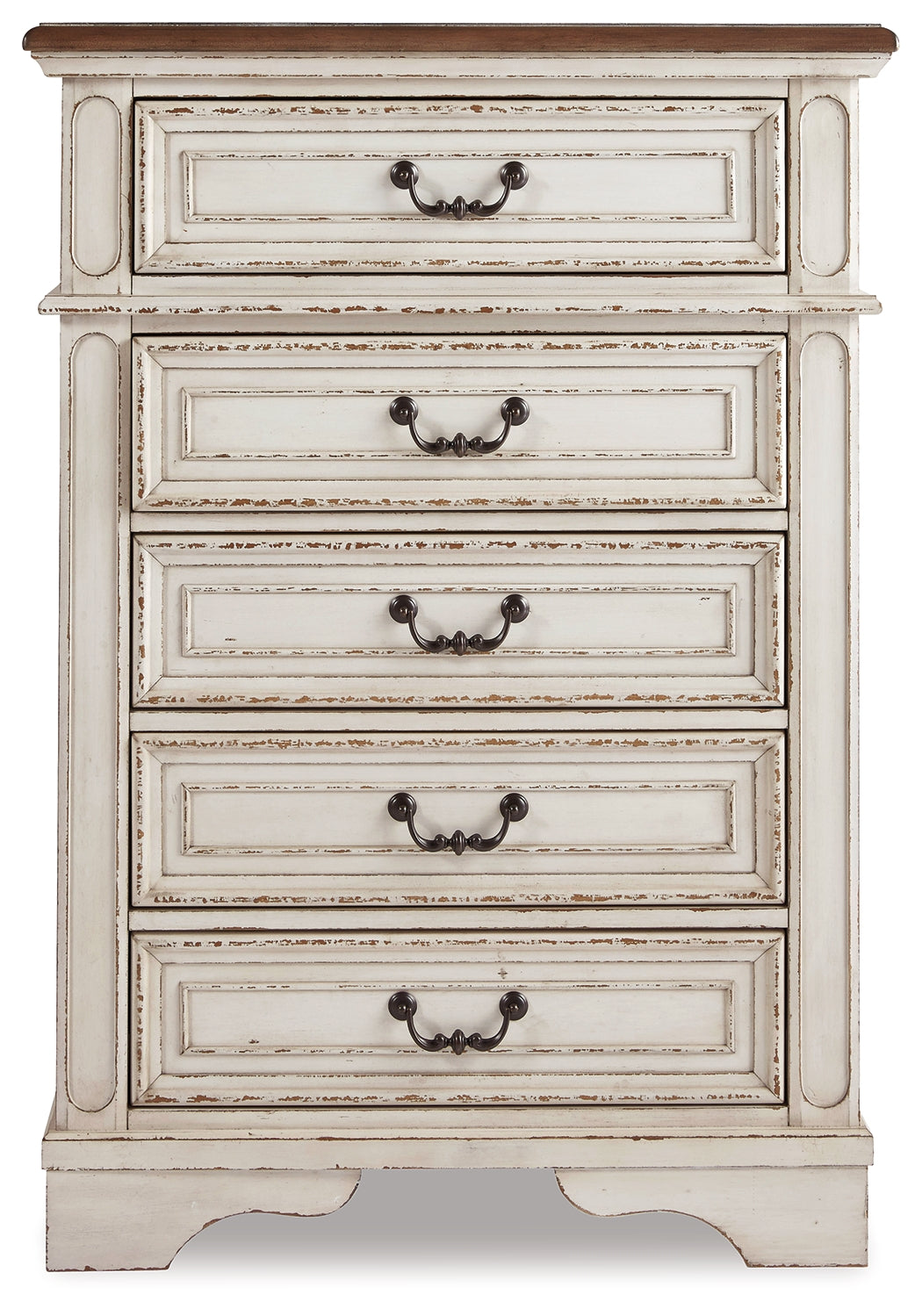 Realyn Chipped King Upholstered Panel Bed, Chest and 2 Nightstands, White