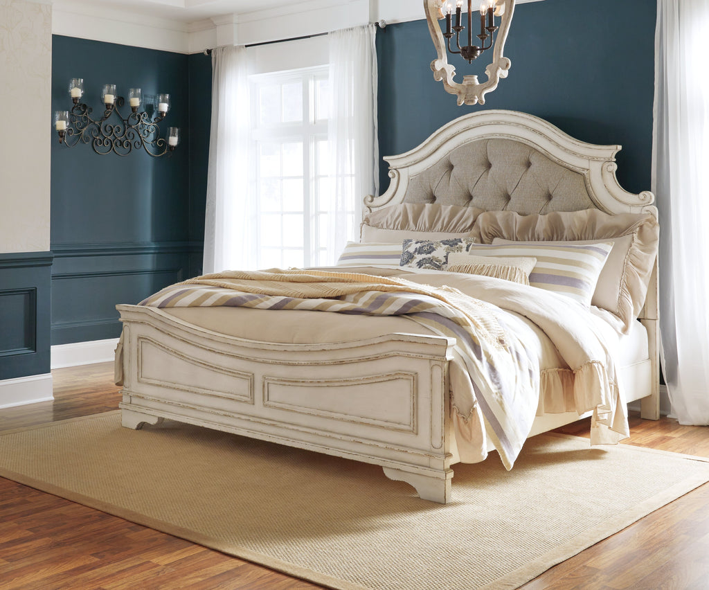 Realyn Chipped King Upholstered Panel Bed, Chest and 2 Nightstands, White