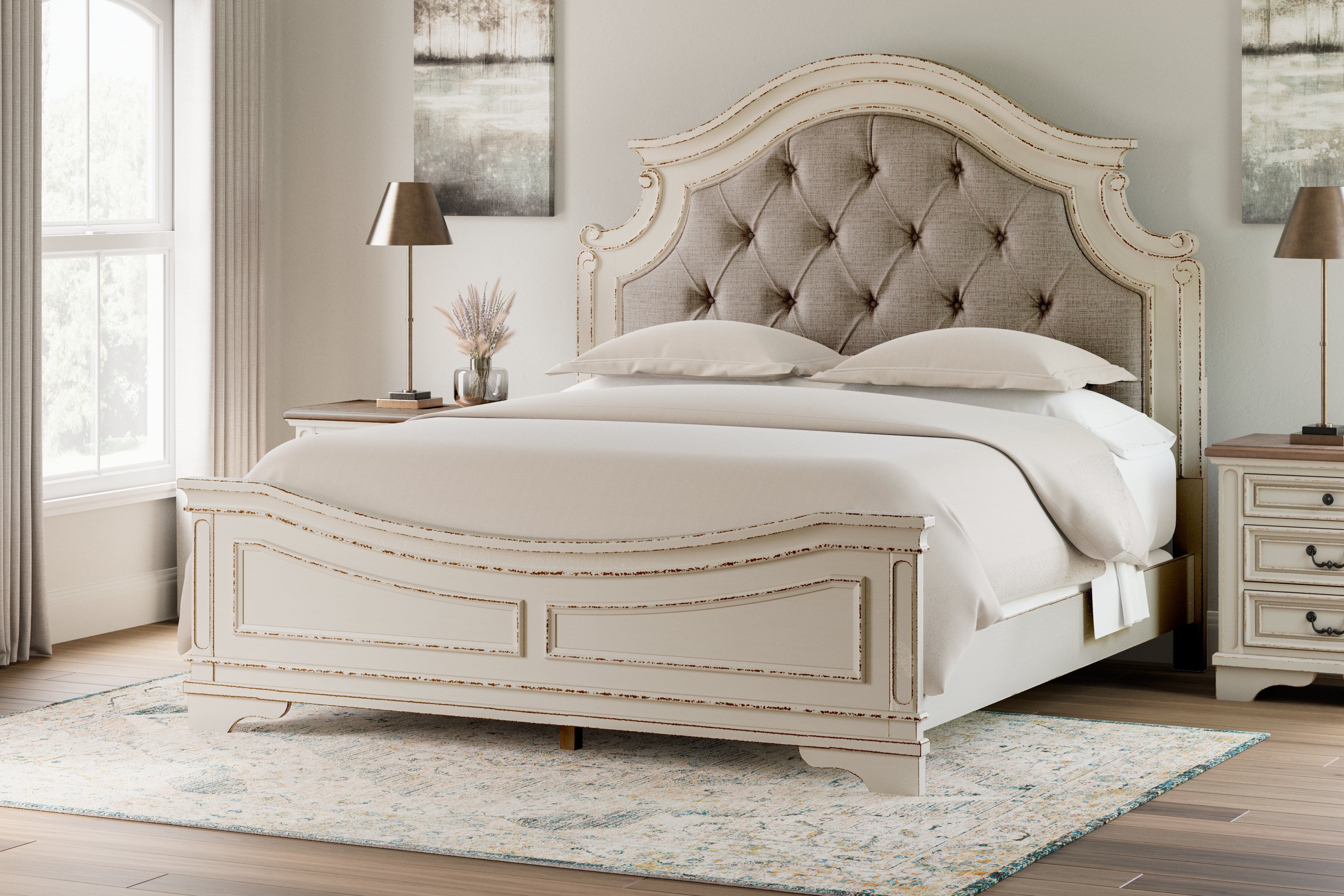 Realyn Chipped King Upholstered Panel Bed, Chest and 2 Nightstands, White