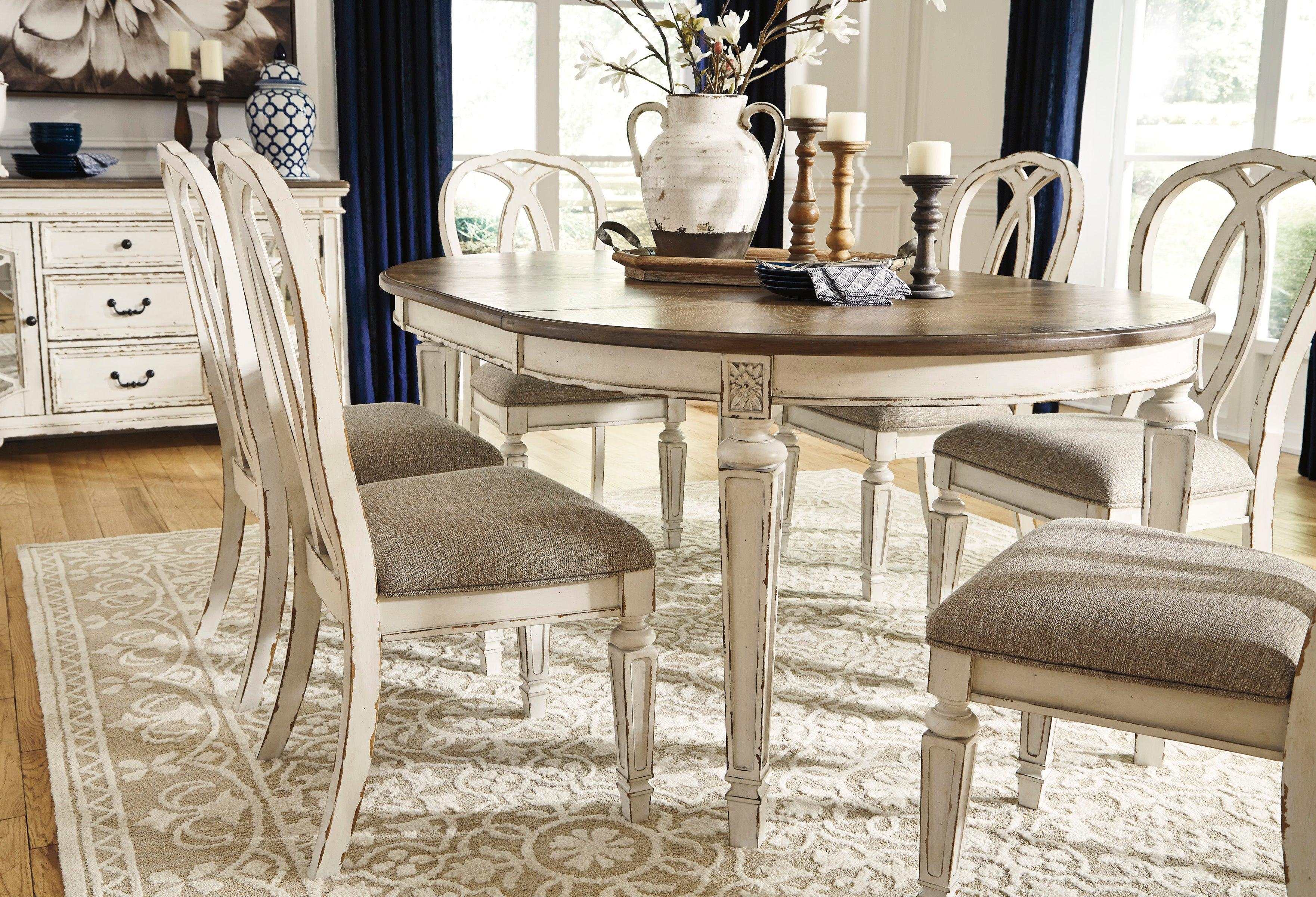 Realyn Chipped White Oval Dining Room Set / 7pc with Ribbon-Back