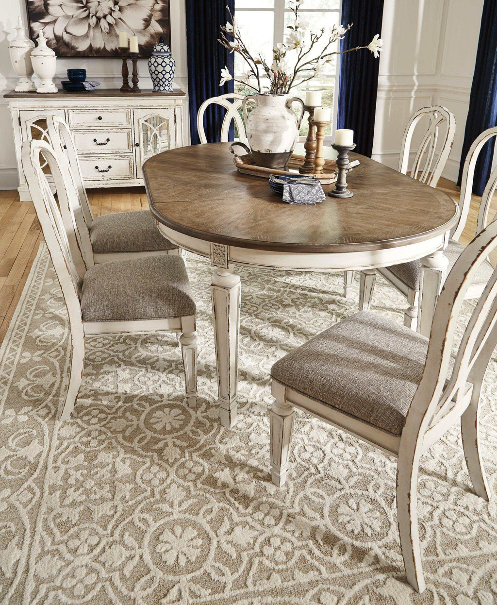 Realyn Chipped White Oval Dining Room Set / 7pc with Ribbon-Back