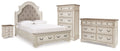 Realyn Chipped Queen Upholstered Storage Bed, Dresser, Chest and Nightstand, White