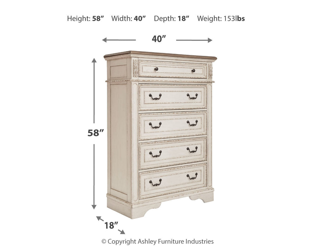 Realyn Chipped Queen Upholstered Storage Bed, Dresser, Chest and Nightstand, White
