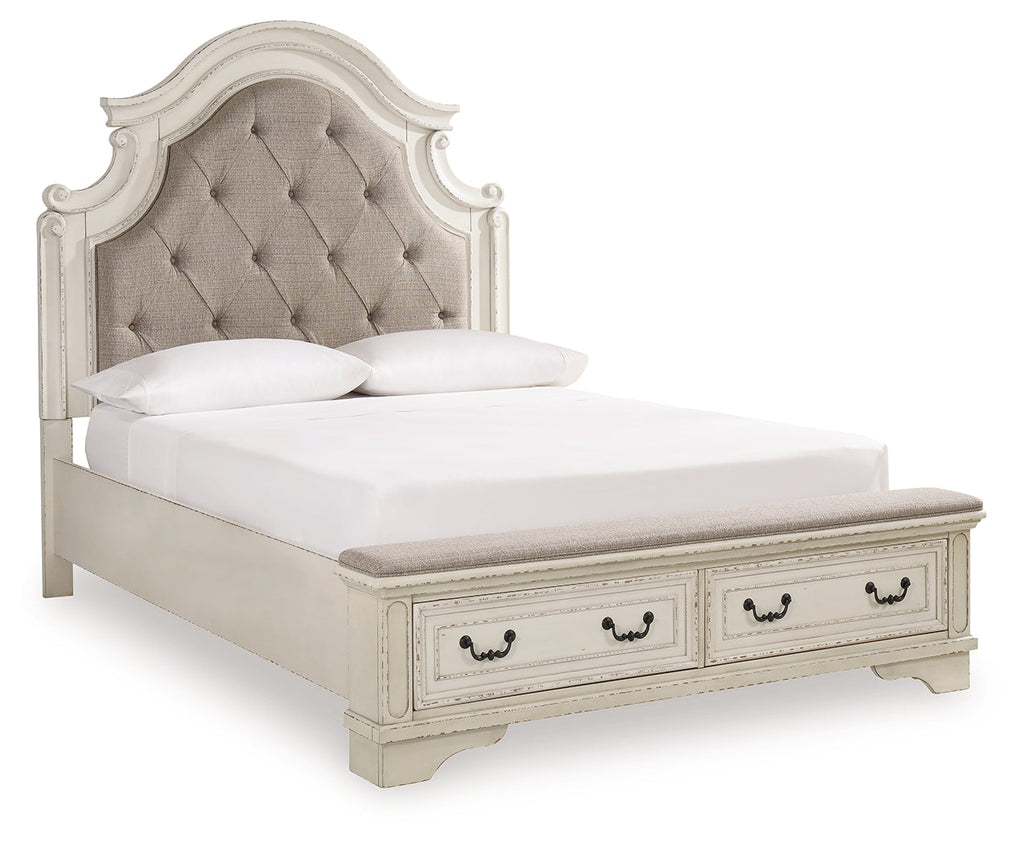 Realyn Chipped Queen Upholstered Storage Bed, Dresser, Chest and Nightstand, White